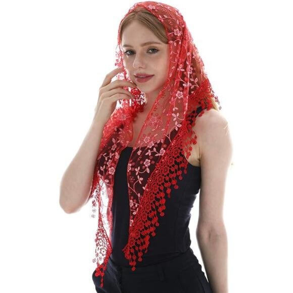 Triangle Lace Mantilla Veil Tulle Scarf Red - Picture 2 of 6